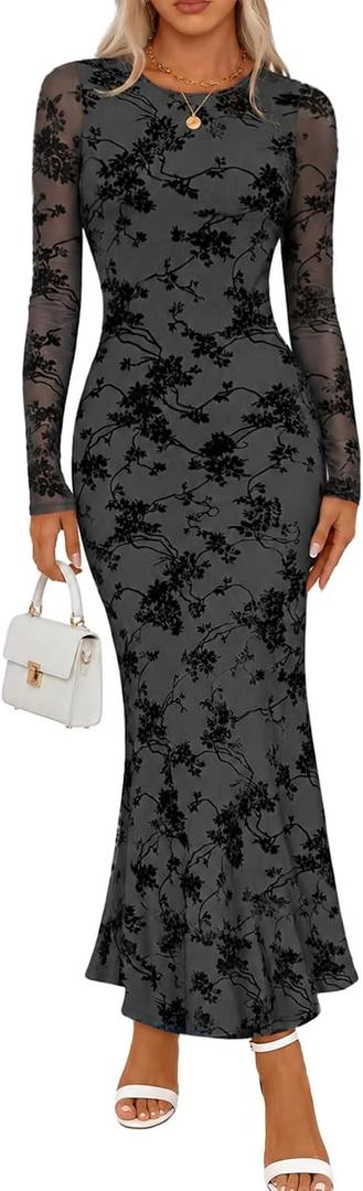 MEROKEETY Womens Fall Velvet Formal Wedding Guest Maxi Dress, Grey, XL (Gray, XL)