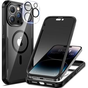 seacosmo for iPhone 14 Pro Case, Full Body Bumper with Built-in 9H Tempered Glass Privacy Screen Protector and Camera Lens Protector, Compatible with MagSafe, Shockproof Phone Cover, 6.1", Black