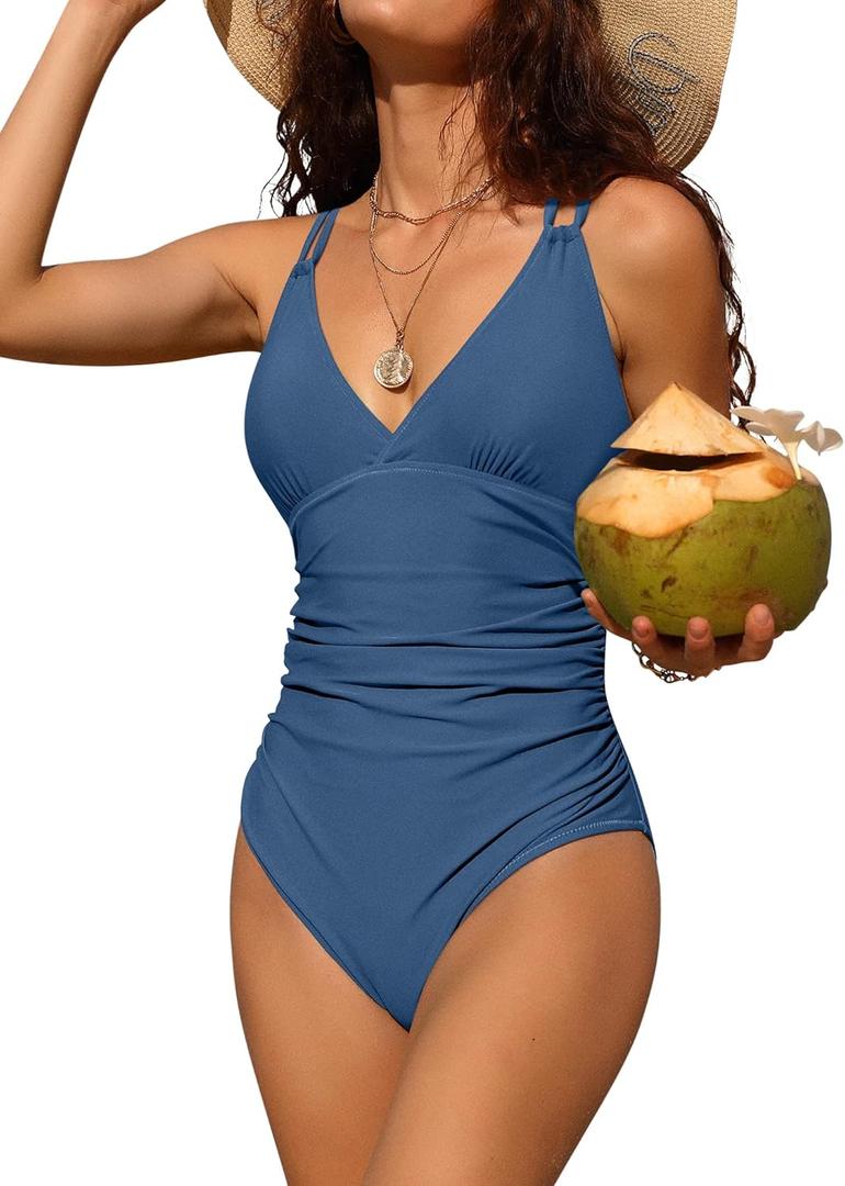 Charmo Tummy Control One Piece Swimsuits for Women Ruched Bathing Suits Strappy V Neck Monokini (Large, #1b Blue)