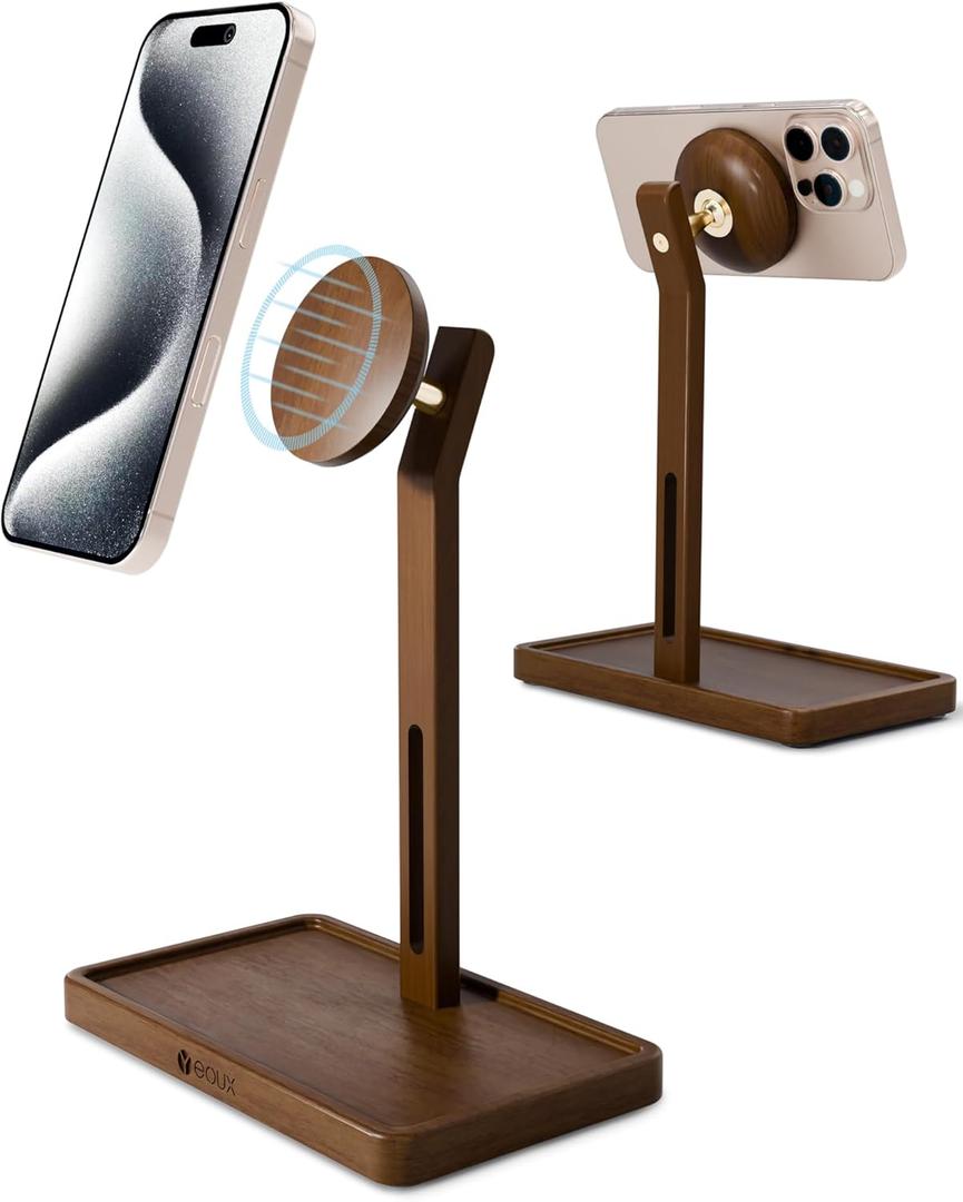 YEOUX Premium Magnetic Phone Holder for Desk | Solid Walnut Wood | 360 Free Adjustable | MagSafe Compatible, for iPhone 17 16 15 14, Stylish Desk Accessory