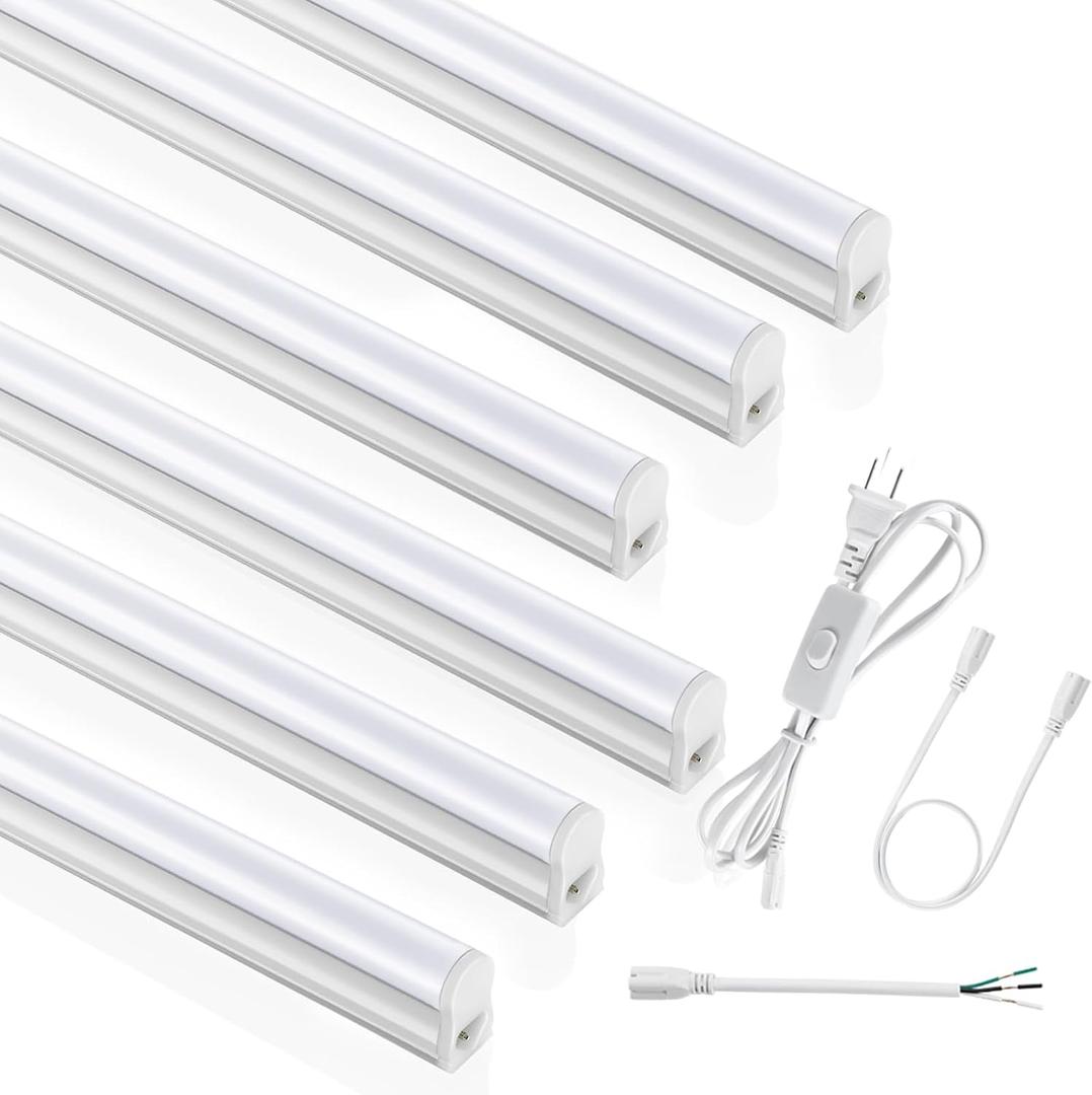 (6 Pack) 4FT T5 LED Integrated Fixture, 6500K,20W,2300LM(Super Bright White) Linkable LED Shop Light,Garage Ceiling and Cabinet Light,Strip Light,Corded Electric with ON/Off Switch