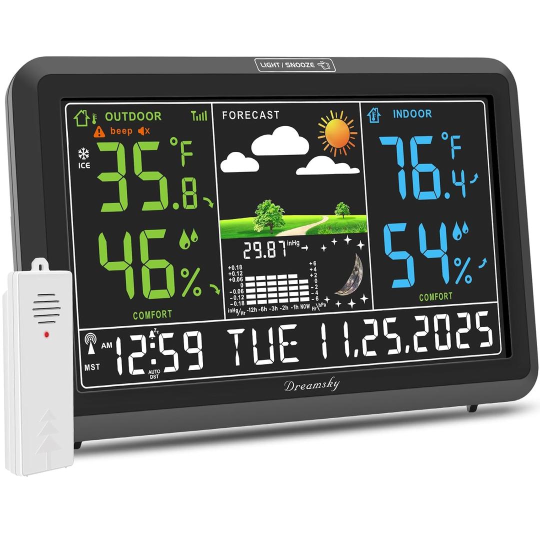 DreamSky Weather Station Indoor Outdoor Thermometer Wireless with Digital Atomic Clock for Home, Large Display with Dimmer, USB Port, Inside Outside Temperature Humidity Monitor (Plug-in)