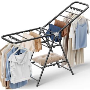 Clothes Drying Rack, Foldable Laundry Drying Rack with Reinforced Steel Tubes, Height-Adjustable Gullwing Clothes Airer, Space Saving Indoor Drying Rack for Apartments, Balconies, Laundry Rooms, Black, Large