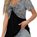 ONLYSHE Womens V Neck Shirts Short Sleeve Tops Front Knotted T Shirt Casual Solid&Floral Tunic Summer Henley Tees Blouse (XXL)