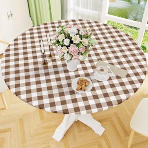 Smiry Round Picnic Tablecloth, Elastic Waterproof Fitted Vinyl Tablecloths for 57"-68" Tables, Flannel Backed Buffalo Plaid Table Cover for Dining, Camping, Outdoor, White and Brown