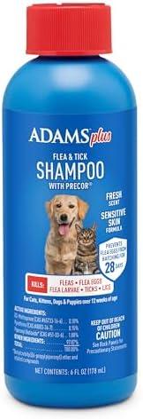 Adams Plus Flea & Tick Shampoo with Precor for Cats, Kittens, Dogs & Puppies Over 12 Weeks Of Age |Sensitive Skin Flea Treatment for Dogs & Cats |Kills Adult Fleas, Flea Eggs, Ticks, and Lice |6 Oz