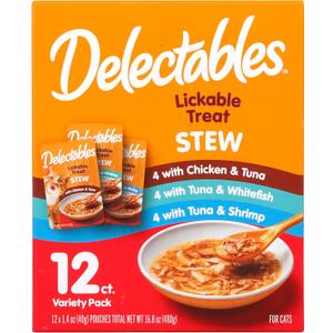 Delectables Lickable Treat Stew Wet Cat Treat Variety Pack, Food Topper, Hydrating, Grain-Free, No Fillers, No By-Products, No Added Preservatives, 1.4oz Pouch, 12ct, BBD: JAN 15/2027