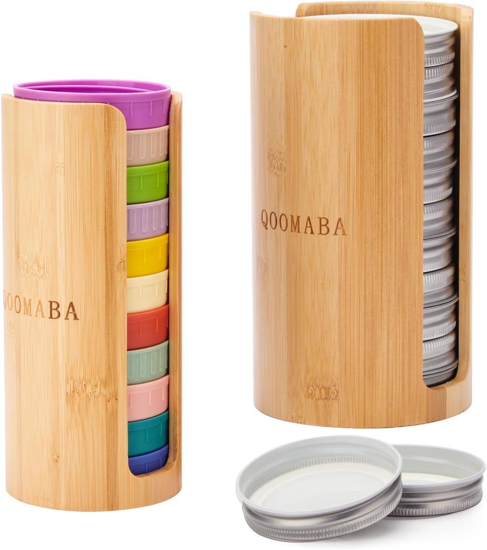 Mason Jar Lid Organizer (2pcs), Mason Jar Lid Storage Made of Bamboo, Suitable for Mason/Canning/Bamboo Lids(WIDE/REGULAR), Fit Perfectly, Stackable Steady