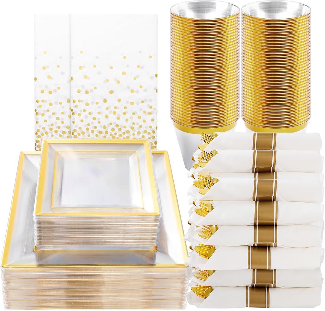 Goodluck 352 Pieces Clear Gold Dinnerware Set for 50 Guests, Clear Square Plastic Plates with Gold Trim, Include: 100 Gold Plastic Plates, 50 Rolled Napkins, 50 Cups, 50 Cutlery Set and 2 Tablecloth