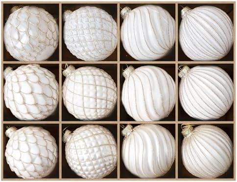 DN DECONATION Christmas Ball Ornaments Set of 11– 3.14” White & Gold Vintage Glass Ornaments with 3D Surface, Elegant Glass Christmas Decorations for Tree, Holiday Winter Décor & Parties