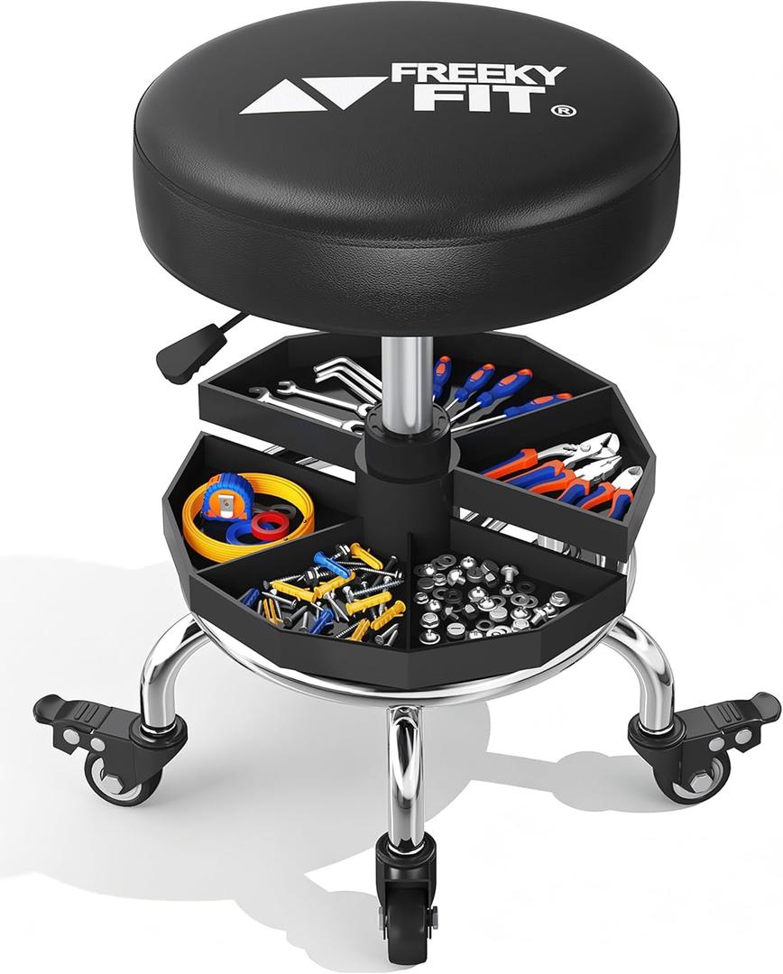 Rolling Shop Stool with Wheels,Mechanics Garage Work Stool,Black