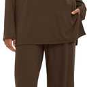 Darong Women's 2 Piece Lounge Set Casual Long Sleeve Crew Neck Tops Wide Leg Pants Travel Airport Outfit Matching Sets (Medium, Brown(regular))