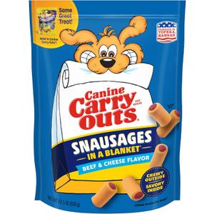 Canine Carry Outs Dog Treats, Snausages in a Blanket, Beef & Cheese Flavor, 22.5 Ounce (Pack of 4), Chewy Outside, Savory Inside, Best By: 09/16/2026