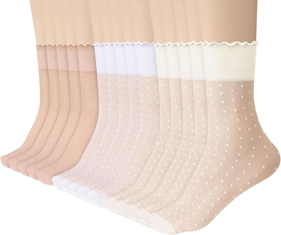 Justay 15 Pairs Sheer Ruffle Socks Woman Summer Cool See Through Thin Stocking Cute Frilly Lace Crew Socks (White Nude Beige)