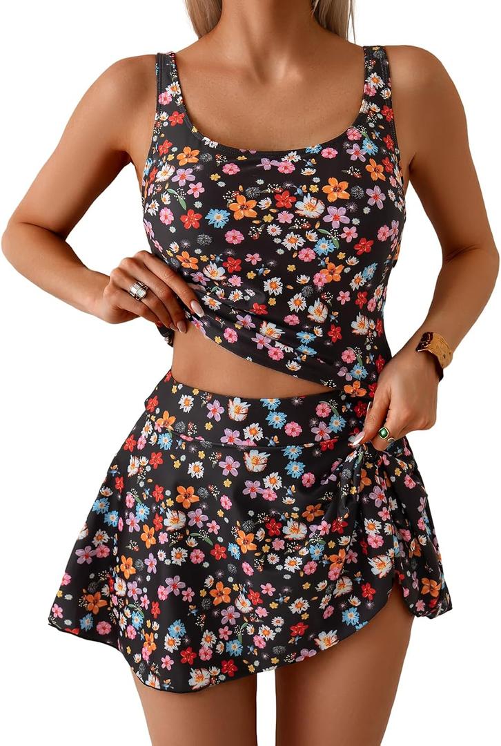 Eomenie Tankini Swimsuit for Women Tummy Control Two Piece Bathing Suit High Waisted Tank Top with Swim Skirt, 2XL