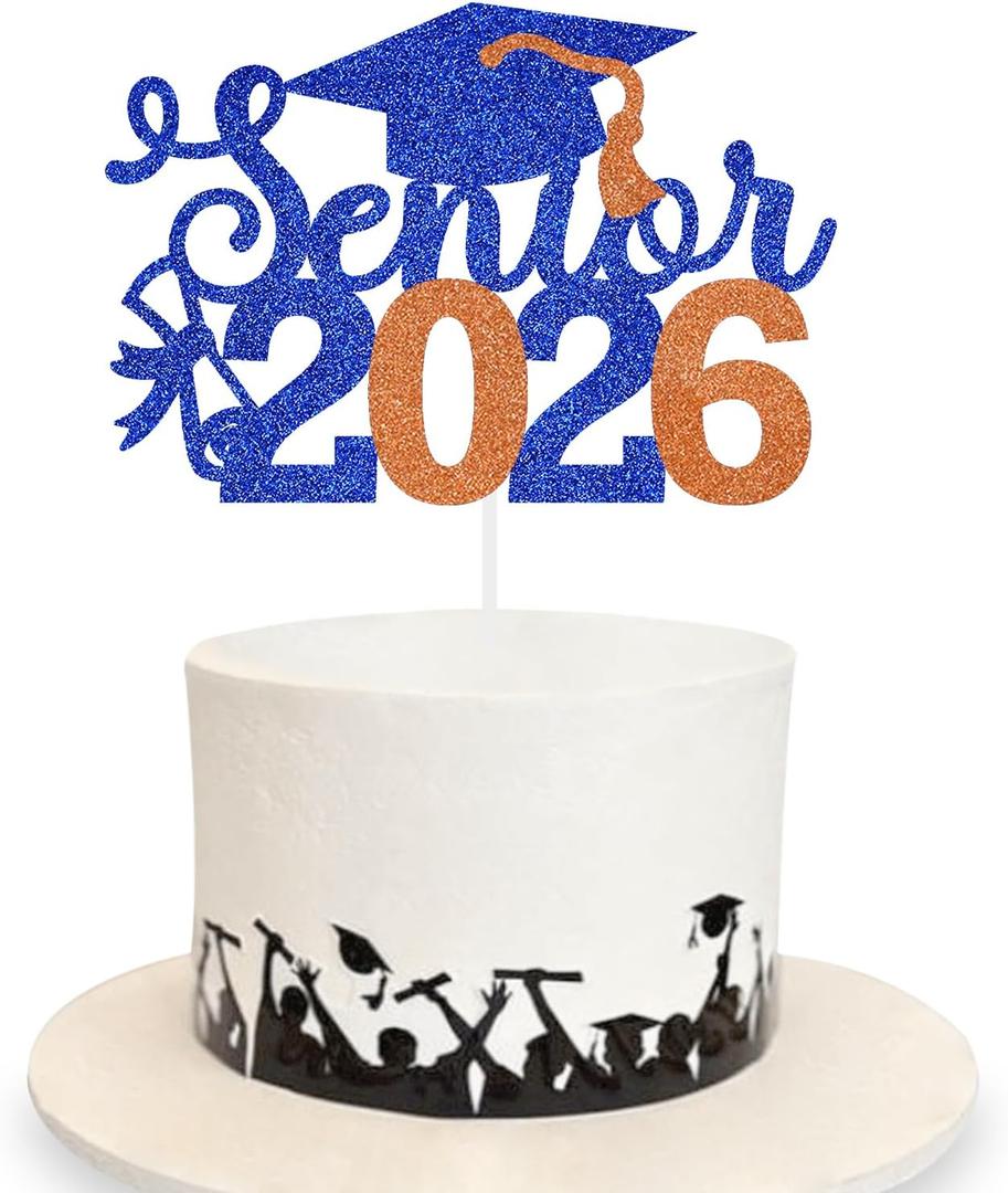 2 x Senior 2026 Graduation Decoration Cake Topper Glitter Grad Sticks Congratulations Ideas Blue Orange
