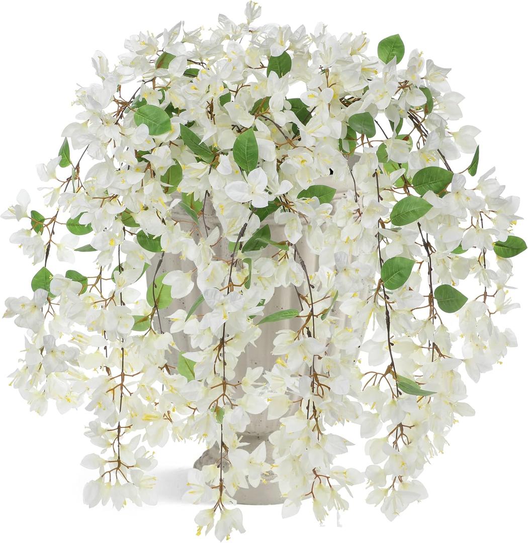 Bougainvillea Artificial Flowers Fake Flower White 3Pcs, Long Stems Artificial Bougainvillea Flowers for Tall Vase, Faux Hanging Flower Silk Floral for Home Room Garden Party Centerpiece Decor