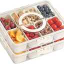 DAOTENGQL Snackle Box Container with Lid and Handle, Upgraded BPA-Free PP, Portable Divided Snack Tray for Travel, Picnic, Party, Camping, Beach, and Road Trips Large Size 11.8"x8.8" Clear and White