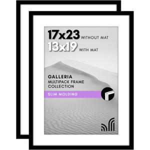 Americanflat 17x23 Picture Frame with Polished Plexiglass - Set of 2 - Use as 13x19 Frame with Mat or Display 17x23 Photo Without Mat - Galleria Collection - Picture Frames for Wall Display - Black
