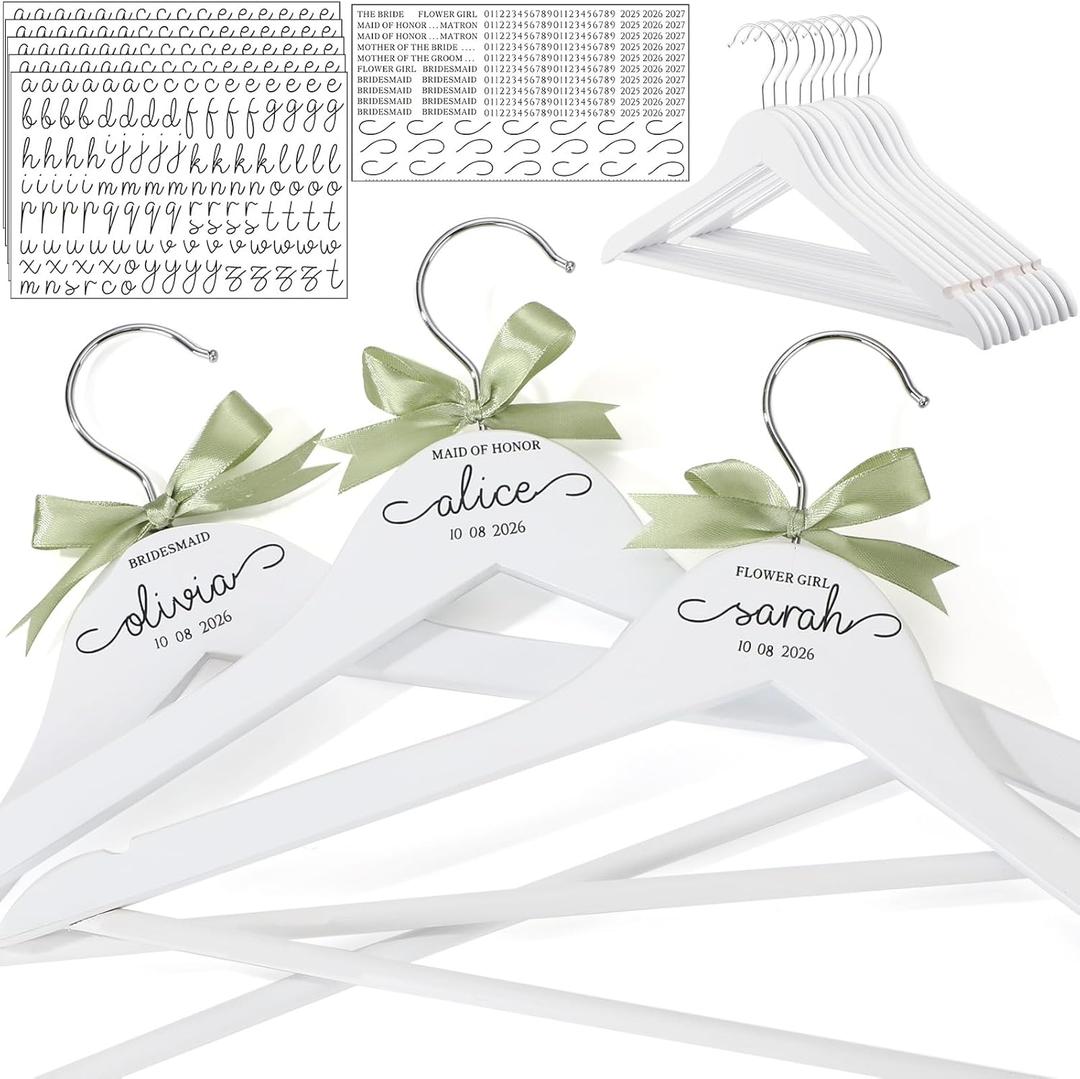 Chunful 10 Pack Personalized Bride Hanger for Wedding Dress Custom Name White Wooden Bridal Hangers with UV Dtf Transfers Natural Wood Dress Hanger with Ribbon Bow Bride Wedding(Satin Ribbon,Green)