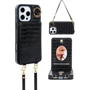 Wallet Case for iPhone 16 Pro with Mirror, Crossbody Strap & Wrist Lanyard, Kickstand Magnetic Clasps Card Holder with RFID Protection, Shockproof Cover for Women - 6.3" (Black)