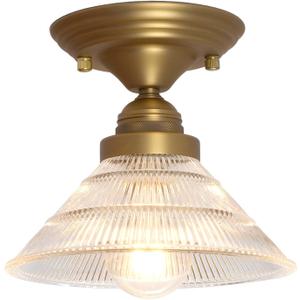 Industrial Semi Flush Mount Ceiling Lamp with Clear Ribbed Glass Lampshade, Vintage Close to Ceiling Light Fixtures for Hallway Entryway Bedroom Stairwell (Antique)