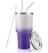 D·S 30 oz Tumbler Purple Glitter Gradient Cup Stainless Steel Double Wall Vacuum Insulated Mug with Straw and Lid, Cleaning Brush for Cold and Hot Beverages
