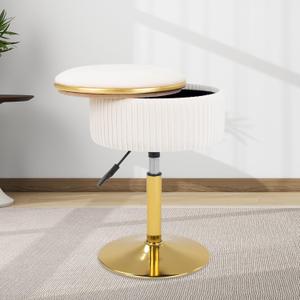Adjustable Vanity Stool with Storage, 360 Swivel Makeup Stool Chair Small Velvet Round Ottoman with Gold Base for Bedroom (Beige)