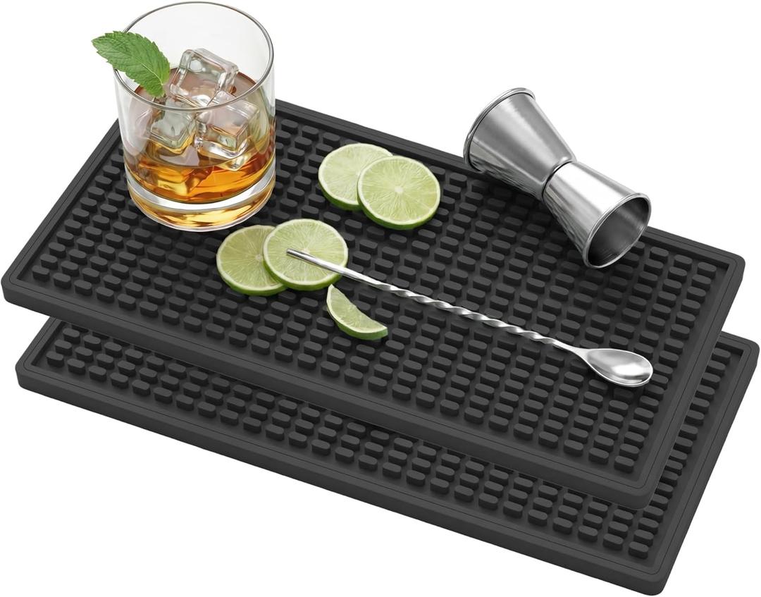 ZJWZLG Bar Mat 5.9"x11.8"(2Pcs) Non-Slip Rubber Bar Mat, Spill Proof & Flat Design,Easy to Clean Textured Surface forHome Bar,Coffee Station, Bartending - Protects Countertops & Glassware (Black). (6" x 12")