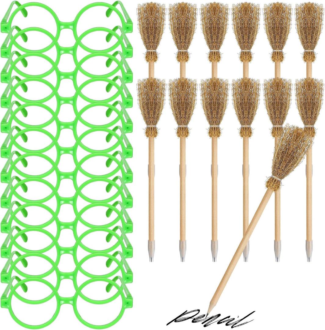 24 Pcs Witch Green Party Favors Including 12 Witch Broom Pencils and 12 Plastic Green Glasses No Lenses for Magic Theme Decorations Gifts Birthday Halloween Party Goodie Bags Fillers