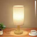 Small Touch Table Lamp with Stepless Dimming&USB Plug,Natural Round Wood Base&Linen Fabric Shade |Soft Ambient Warm Night Light|Minimalist Boho Bedside Lamp for Bedroom,Nightstand,Nursery,Kitchen,Dorm
