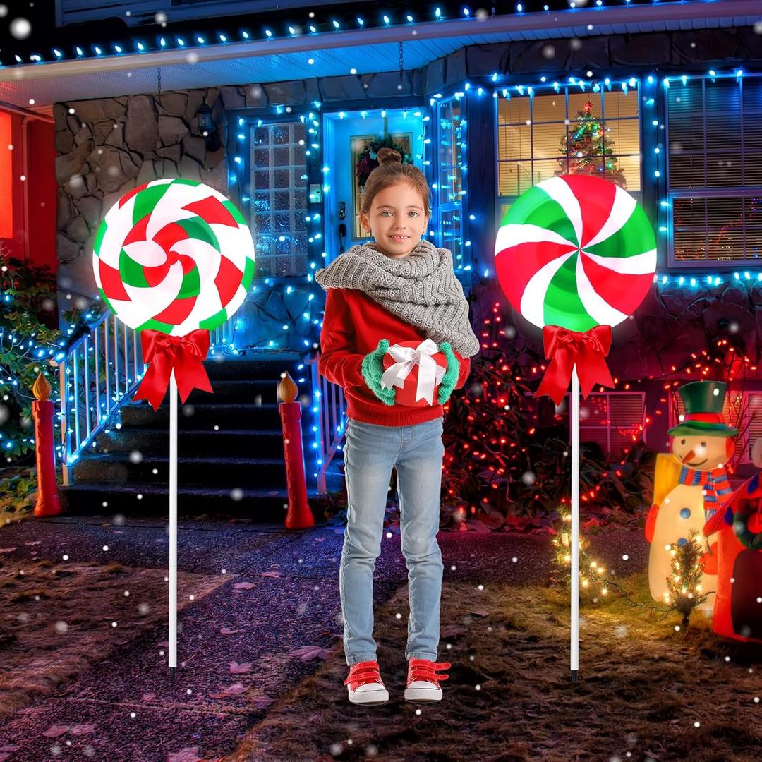 2 Pcs 4ft/48in Large Christmas Lollipops Pathway Lights - 6 Modes Peppermint Candy Outdoor Decor - Jumbo Giant Candyland for Outside Landscape Walkway Patio Garden (Red Green White)