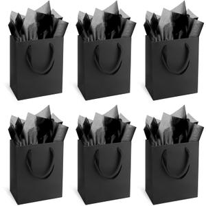 Black Gift Bags With Handles and Tissue Paper 6 Pcs, 8x5x10 Inch Sturdy Kraft Paper Gift Bags, Bulk for Wedding, Party, Birthday, Business and Shopping, Medium Size