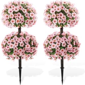 Daifunli 28 Inch Set of 2 Artificial Flowers Topiary Tree Double Ball Boxwood with Spikes for Outdoor UV Resistant Faux Shrubs, Realistic Fake Bushes for Garden Front Porch Patio Decor (Pink)