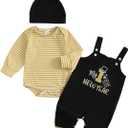 My First New Year Baby Boy Outfit Newborn Striped Long Sleeve Romper Top Embroidery Suspender Pants with Hat Set (Black)