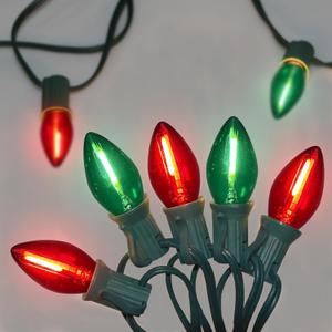 C7 LED Christmas Lights, 25FT Classic Christmas String Lights Clear Red, White, and Green C7 LED Bulbs(2 Spare), Hanging Lights for Outdoor Patio Wedding Party Decor, Green Wire