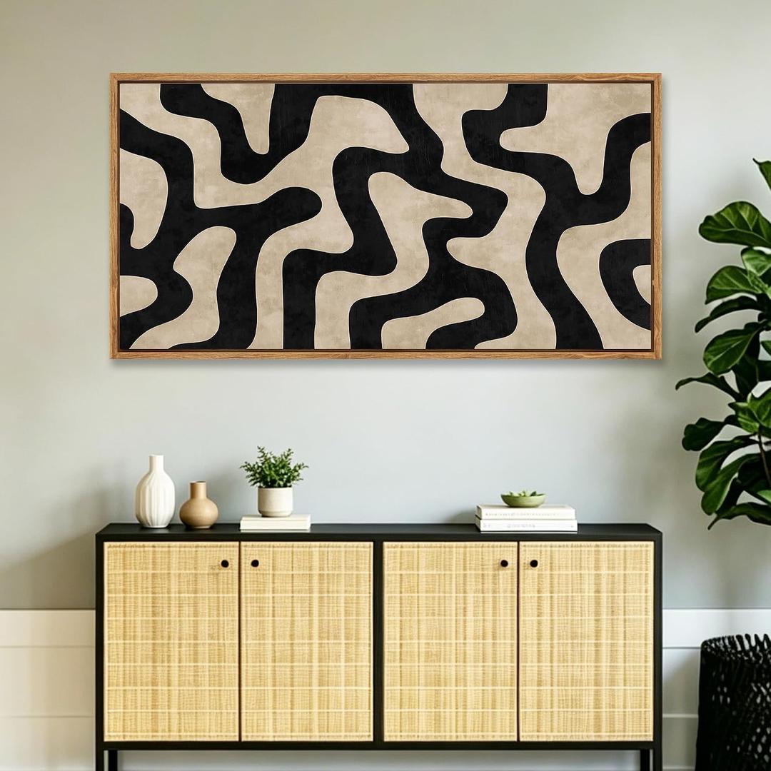60"x30" Extra Large Framed Canvas Wall Art, Abstract Black and Brown Painting Grometric Lines Fine Art Prints for Living Room Bedroom Natural Frame