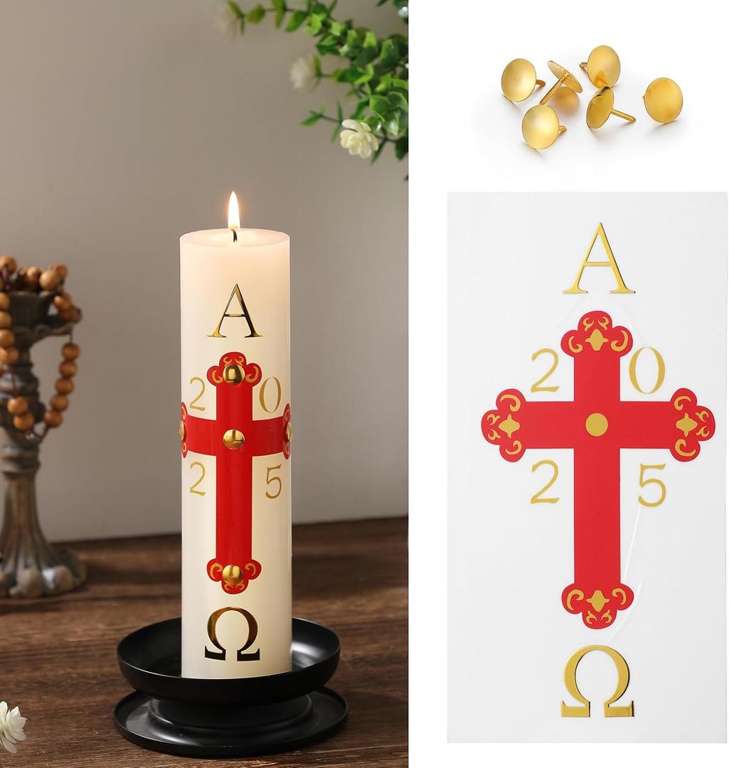 6pcs God Paschal Candle Stickers Kit Catholic Church Candles Supplies with 5 Gold Push Pin Prayer Stickers for Baptism Printed Easter Paschal Baptism Confirmation Easter Lent