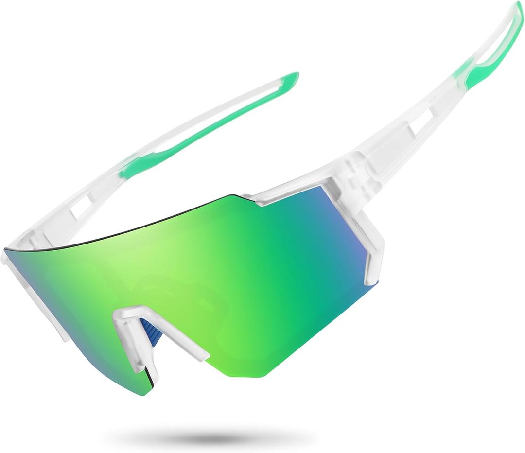 STORYCOAST Polarized Sports Sunglasses for Men Women,Driving Fishing Cycling Mountain Bike Sunglasses UV400 Protection (1-(a)clear Frame-green Mirror Lens)