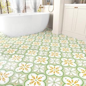 12"x12" Green Boho Floral Peel and Stick Floor Tile Self Adhesive Waterproof Vinyl Flooring Removable Linoleum Stick on Floor Tiles for Bathroom Kitchen Bedroom Pet House Living Room
