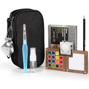 Adioslie Mini Watercolor Travel Set, 15 Color Pocket Watercolor Paint Set with Storage Bag, Watercolor Journal, Metal Clip, Paint Water Cup, Water Brush, Art Gift Kit for Painting Anywhere-01
