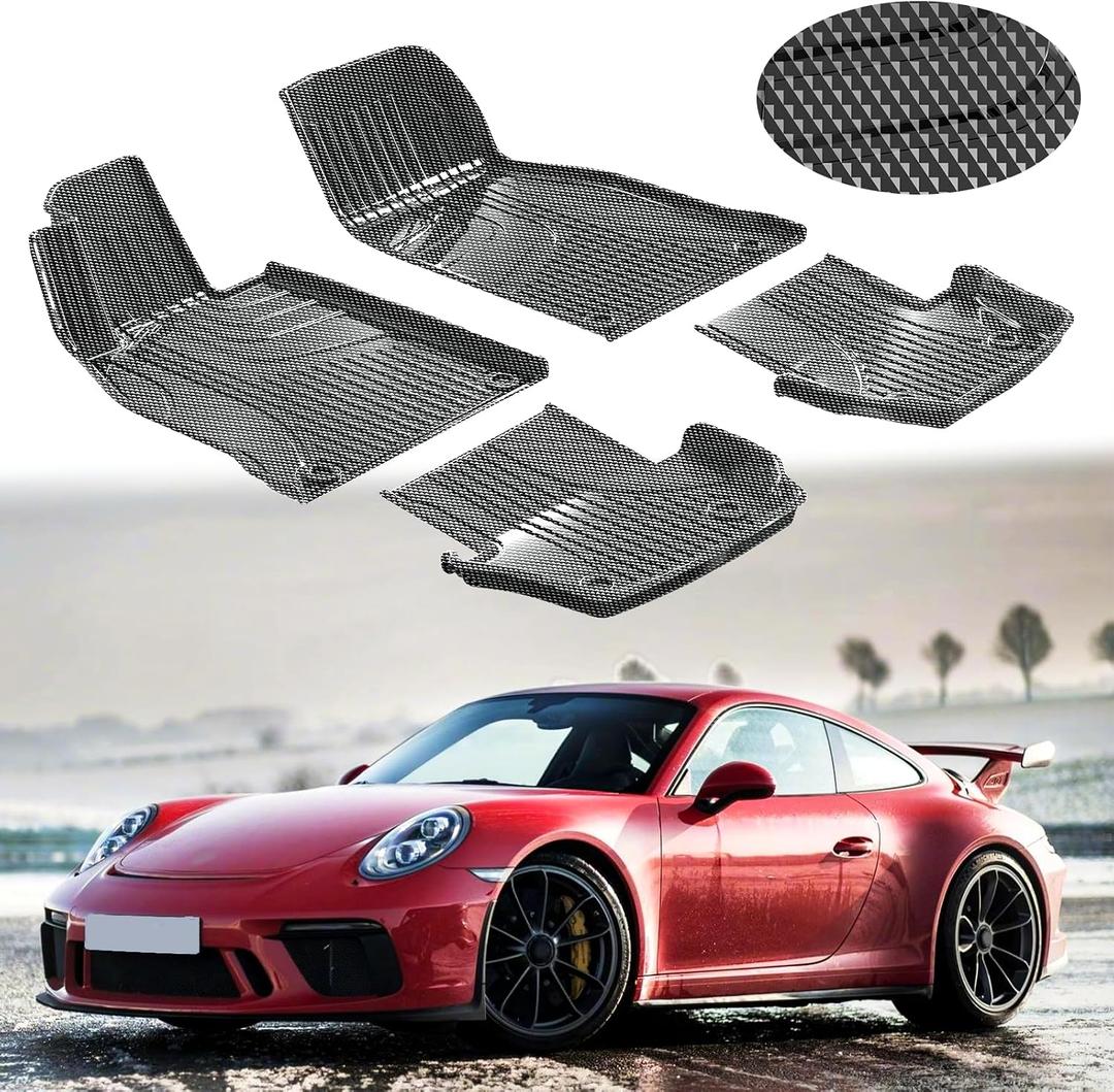 IKABEVEM Carbon Fiber Pattern Floor Mats Custom Fit for Porsche 911 2019-2025 2026 (992) All Weather 1st & 2nd Row Silver, 4-pc
