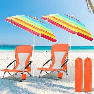 Tudomro 2 Pack Beach Chairs for Adult with Umbrella Cup Holder and Carry Bag Low Folding Camping Heavy Duty Portable Outdoor High Back Beach Foldable Lawn Chairs (Orange)
