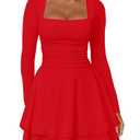 Kaximil Women's Square Neck Ruffle Hem Mini Dress Ruched Waist Long Sleeve Corset Short Party Dresses (Large, Red)