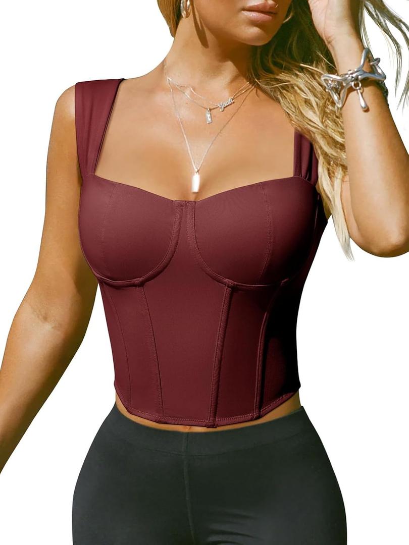 REORIA Womens Sleeveless Sweetheart Neck Bustier Corset Back Zipper Y2K Going Out Crop Tops 2025 Trendy (Medium, Burgundy) REORIA Womens Sleeveless Sweetheart Neck Bustier Corset Back Zipper Y2K Going Out Crop Tops 2025 Trendy (Medium, Burgundy)