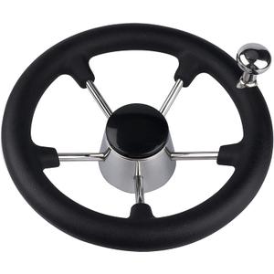 Boat Steering Wheel, 11 inch Stainless Steel Marine Steering Wheel Adapter Fit 3/4" Tapered Shaft, 5 Spoke Black PU Foam Anti-Slip, Destroyer Style with Control Knob for Boats, Yachts, Pontoon Boats