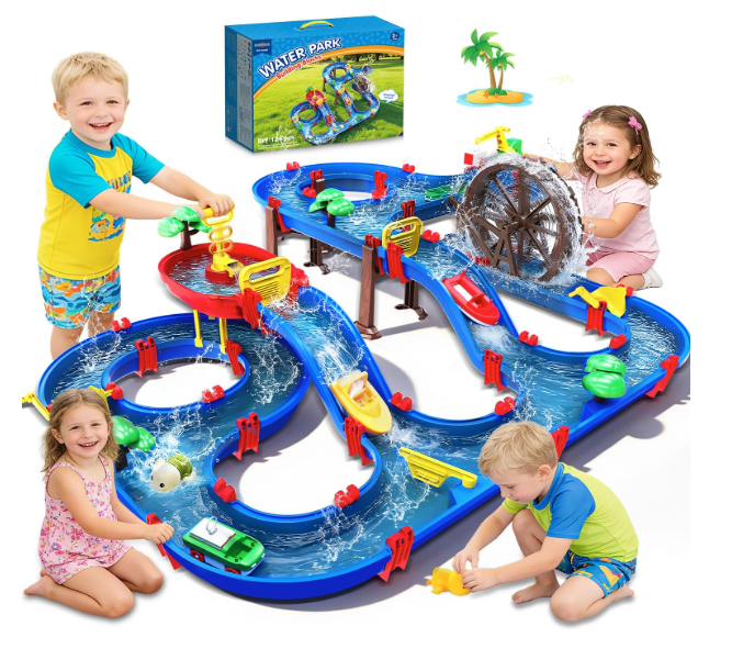 TERRAMUS 2-Tier Kids Watermill Water Table Toys, 124PCS Water Park Playset with Pump, Waterwheel, Summer Outdoor Water Toys Waterways for Backyard,Lawn,Beach,Pool,Gifts for Boys Girls Toddlers 3-5 4-8