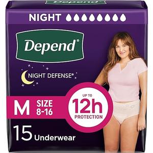 Depend Night Defense Adult Diapers, Incontinence & Postpartum Bladder Leak Underwear for Women, Disposable, Overnight, Medium, Blush, 15 Count