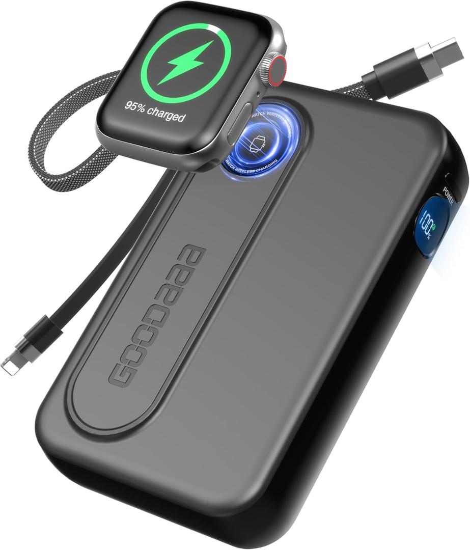 GOODaaa Wireless Watch Power Bank 10000 mAh with Two Integrated Cables 22.5 W Fast Charging Portable Charger External Mobile Phone Battery with LED Display Compatible with Apple Watch and Smartphones