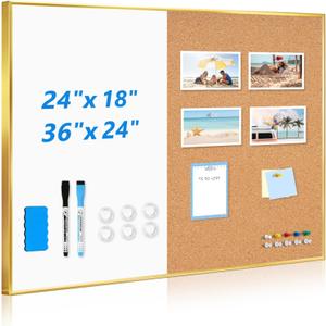 White Board Cork Board Combo, 36'' x 24'', Magnetic Dry Erase Board and Pin Board for Wall, Gold Aluminum Frame Bulletin Board for Home Office School with Accessories